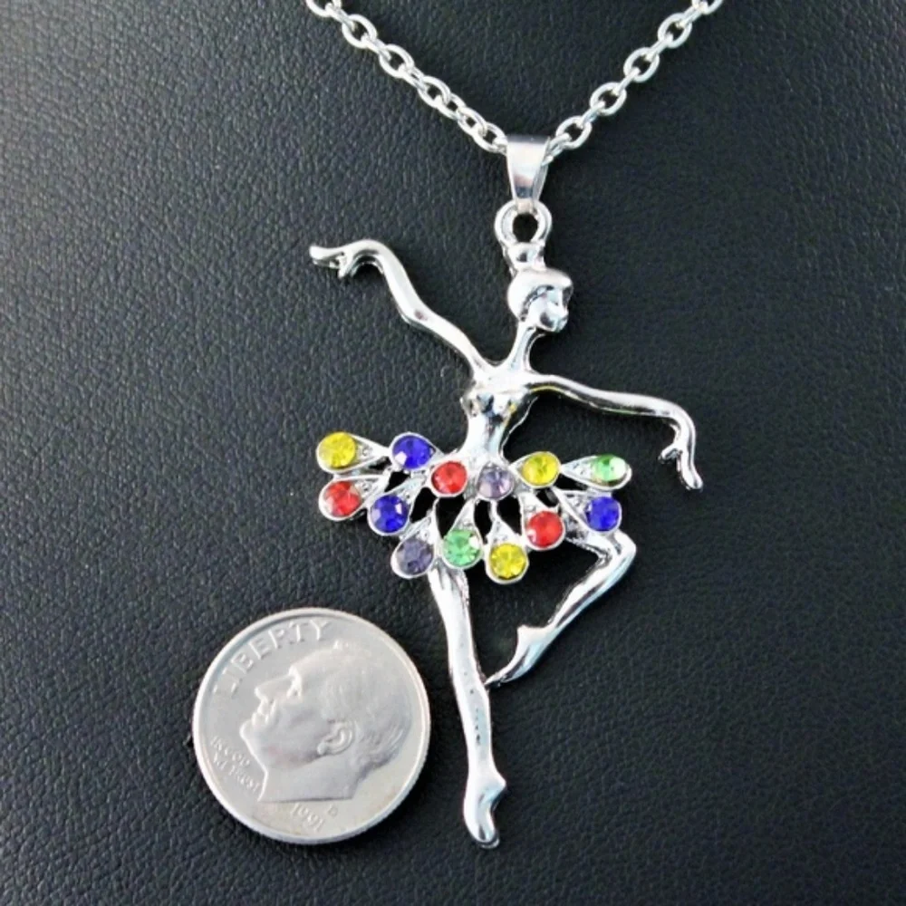 Silver Ballerina Pendant Necklace with Multicolor Crystal Skirt